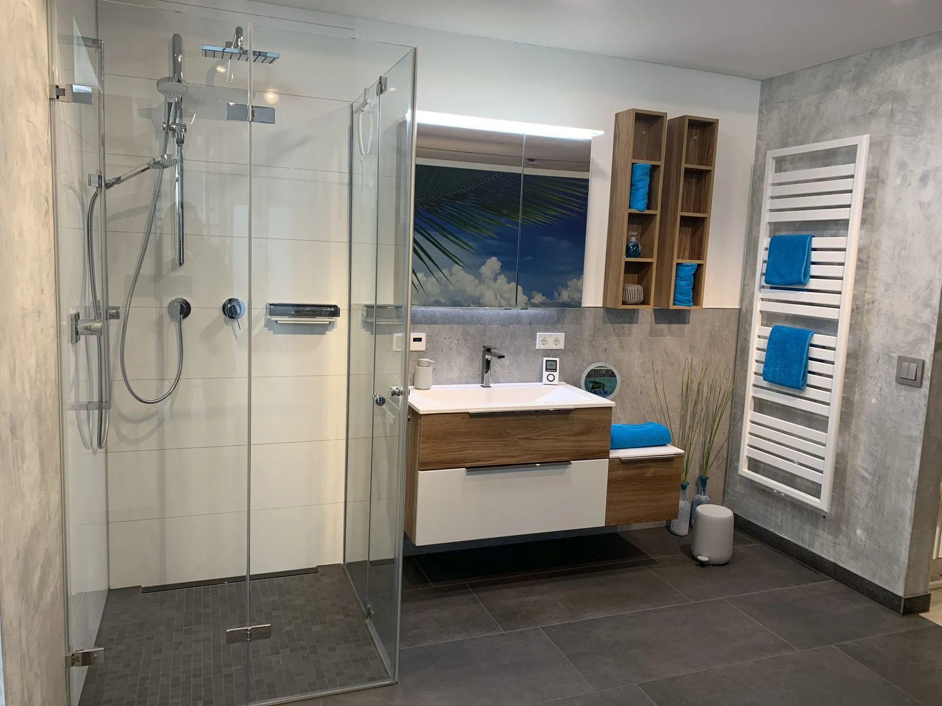 Ein modernes Badezimmer mit Walk-In-Dusche, Leuchtspiegel und fugenloser Wandverkleidung im Waschtischbereich.