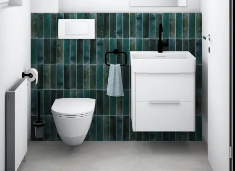 3D-Entwurfsplanung Gäste-WC mit dunklen Design-Fliesen.