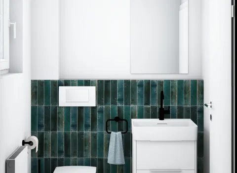 3D-Entwurfsplanung Gäste-WC mit dunklen Design-Fliesen.