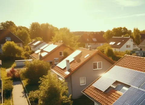 Mehrere Einfamilienhäuser mit Solarmodulen auf dem Dach.