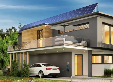 Elektroauto lädt an einer zweistöckigen Einfamilienhaus mit Wallbox und PV-Anlage. 