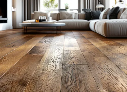 Dunkler Parkettboden in einem Wohnzimmer mit Sofalandschaft und Kamin. 