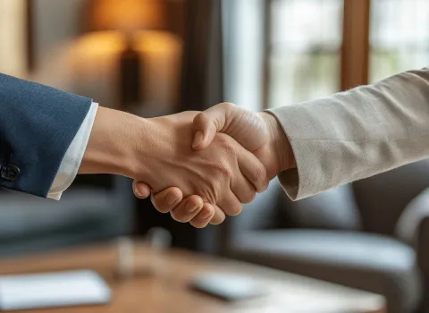 Ein fester Händedruck zwischen zwei Geschäftspersonen symbolisiert eine neue Kooperation.