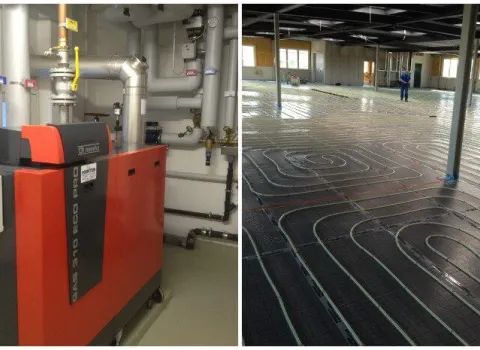 Eine Gasbrennwertanlage im Technikraum mit Verrohrung und Verteiler für Fußbodenheizung nach hydraulischem Abgleich.