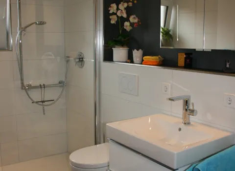 Ein modernes Badezimmer mit bodengleicher Glasdusche und verchromter Regendusche ist in klaren Linien gestaltet.