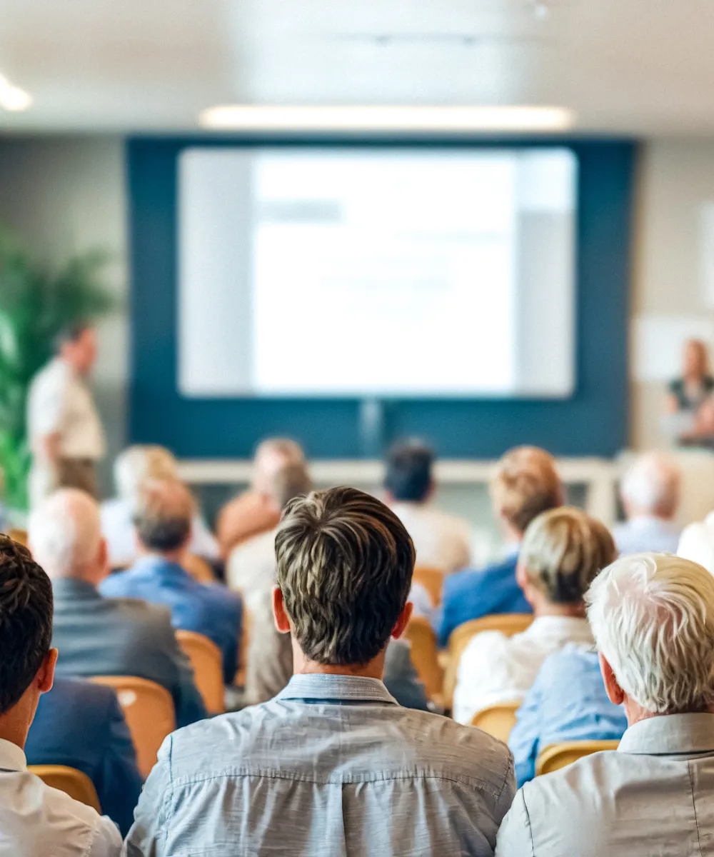 Teilnehmer einer Vortragsveranstaltung in einem Tagungsraum. 