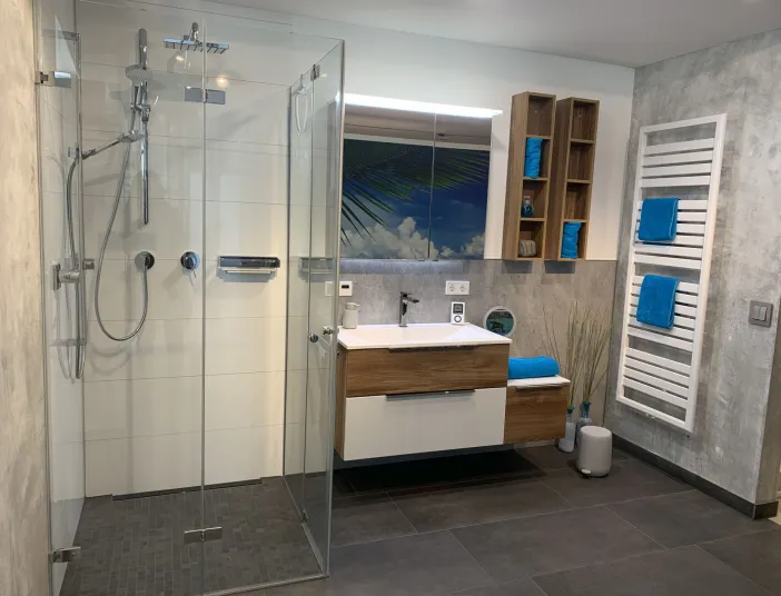Ein modernes Badezimmer mit Walk-In-Dusche, Leuchtspiegel und fugenloser Wandverkleidung im Waschtischbereich.
