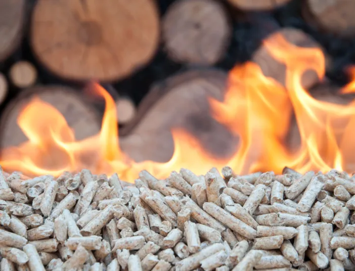 Eine Fotomontage aus Pellets, Feuer und Holzstämmen – symbolisch für Heizen mit Holz.